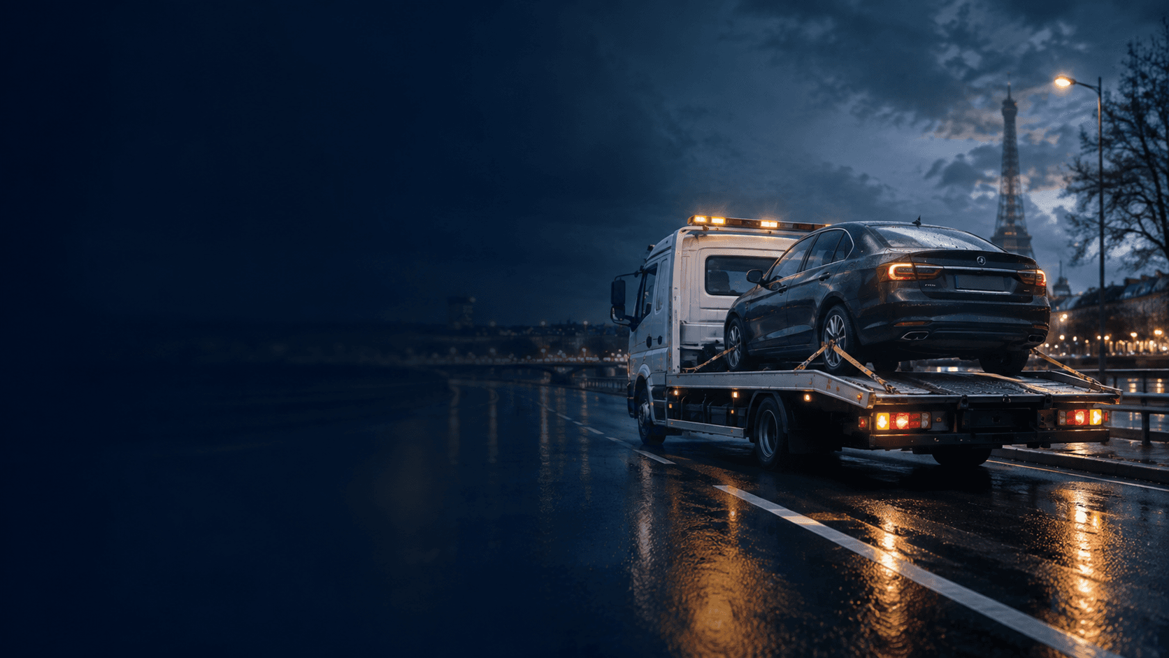 Dépanneuse Prestidepanne transportant un véhicule de nuit à Paris