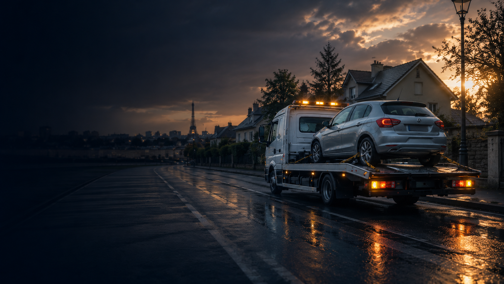 Dépanneuse Prestidepanne au crépuscule dans une rue résidentielle d'Île-de-France